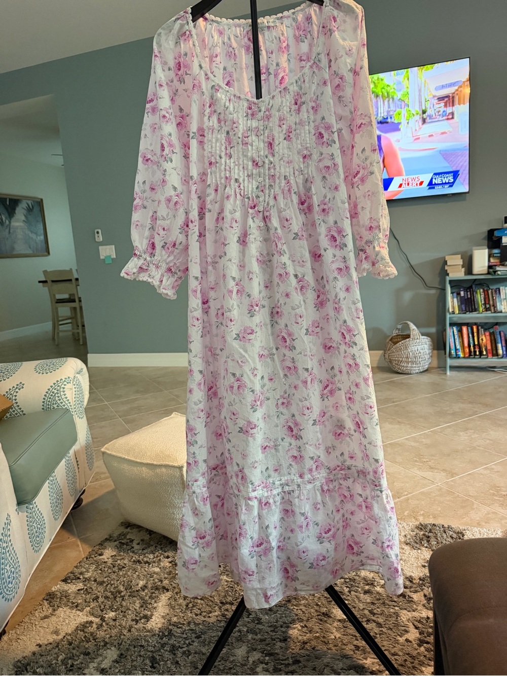Eileen West White Cotton Nightdress with Pink Floral Print